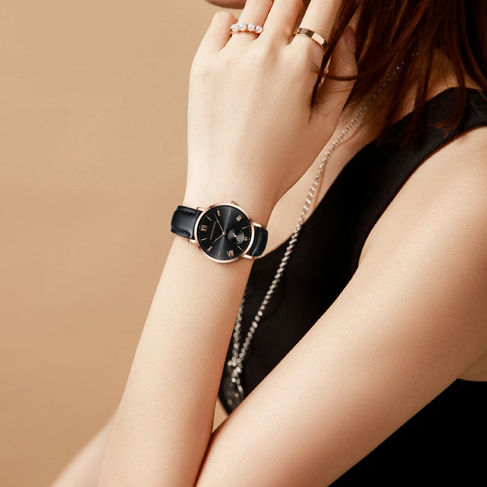 هانا مارتن السيدات العلامة التجارية الأعلى المألوف الأسود ارتفع الذهب الأصلي حركة الكوارتز 6.9mm رقيقة جدا الهاتفي الساعات الرياضية عارضة