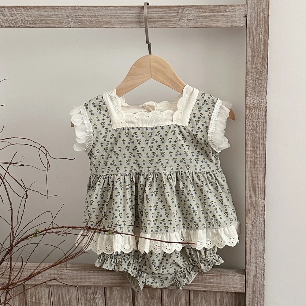 

2026 Summer New Baby Short Sleeve Clothes Set Girls Floral Lace Vintage Tops + Shorts 2pcs Suit Thin Toddler Cotton Outfits