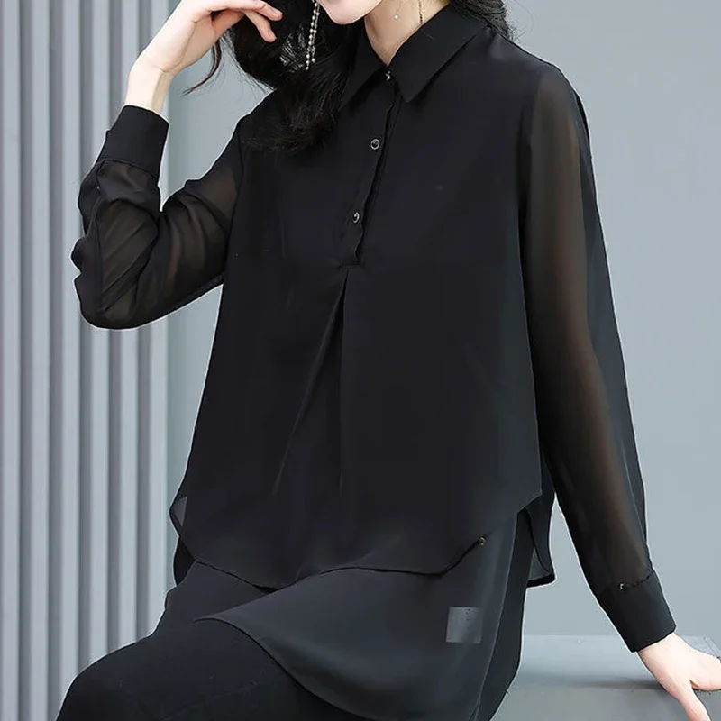 

Spring Korean Style Black Elegant Fashion Double Layer Pullover Casual Chiffon Women's Lapel Shirt Long Sleeve Blouse 5XL LJ211