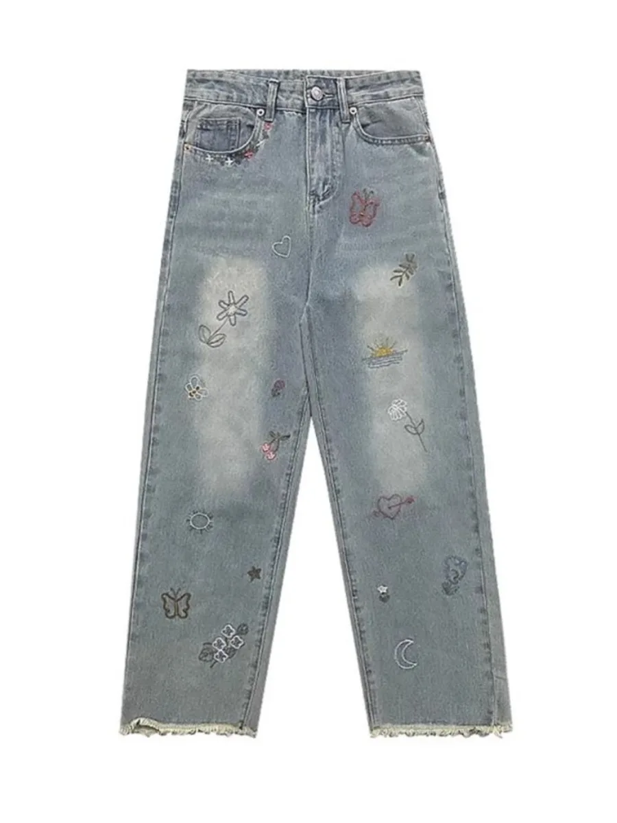 Vintage Embroidered Jeans Trousers For Women Summer 2024 New Korean Fashion High Waist Straight Retro Casual Denim Pants