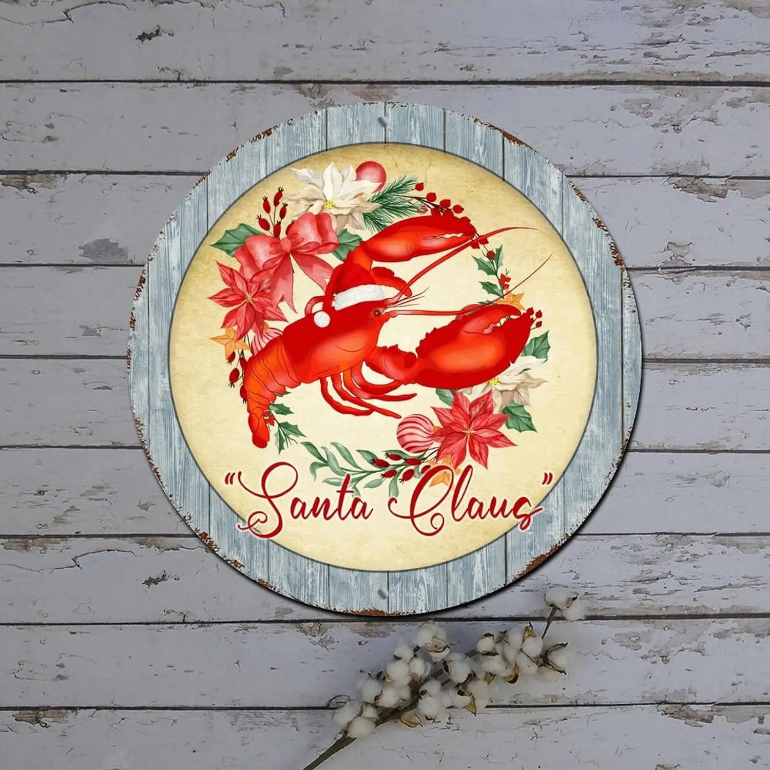 Metal Merry Christmas Sign Holly Wreath with Crab Wood Grain Round Metal Tin Sign Christmas Joy Decor Retro Plaque Metal Signs f