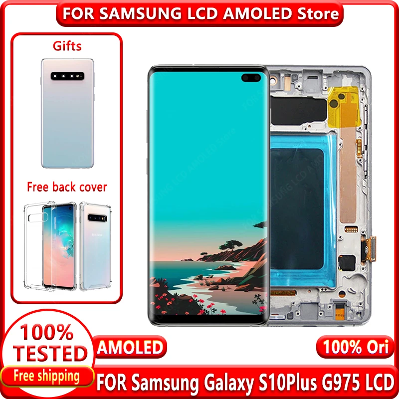 

ДЛЯ S10 + Super AMOLED для SAMSUNG Galaxy S10 PLUS ЖК-дисплей SM-G9750 G975F Замена дигитайзера сенсорного экрана + бесплатная задняя крышка