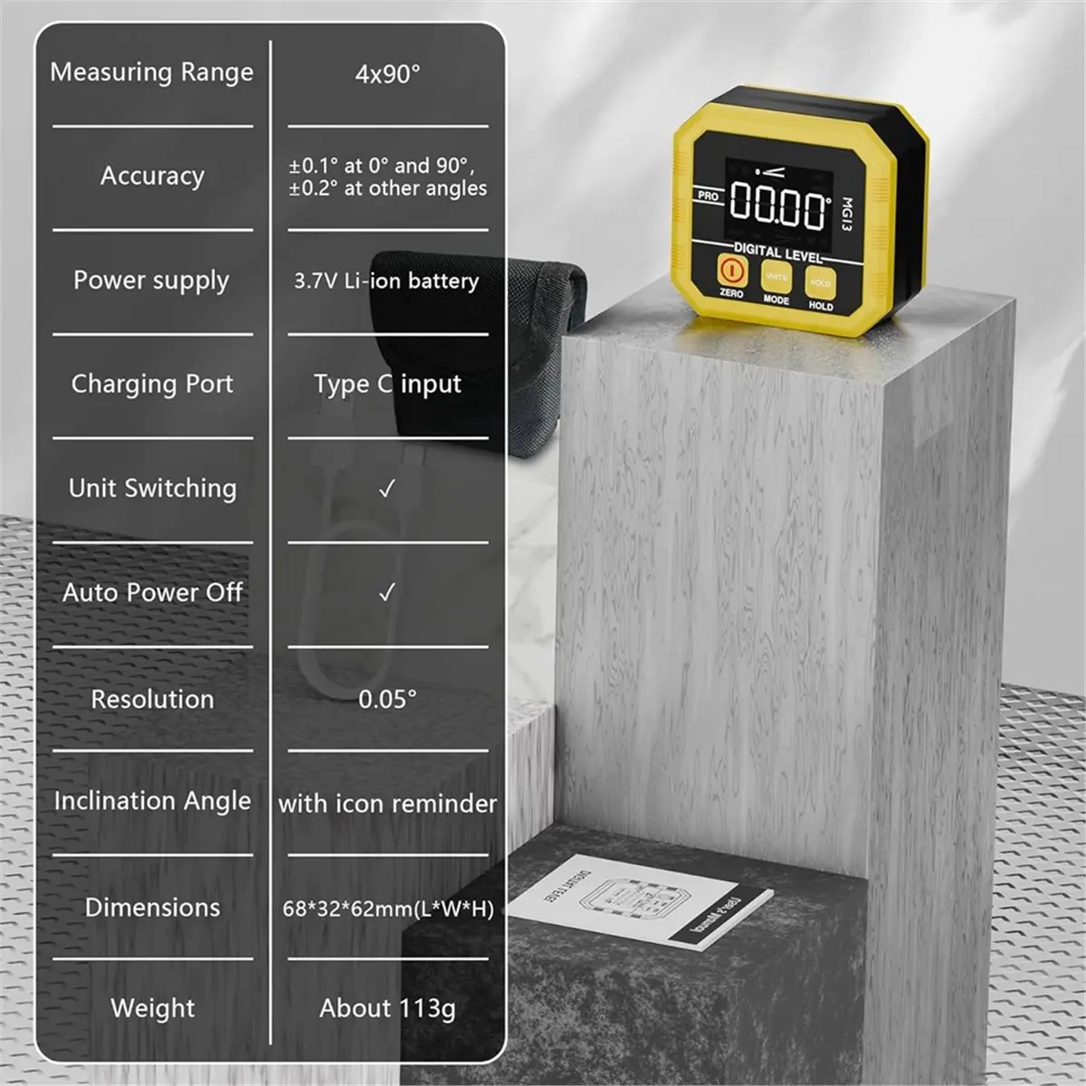 DT81 Rechargeable Digital Angle Finder and Magnetic Inclinometer Gauge ±0.1° Accuracy Protractor 360° Flip Screen