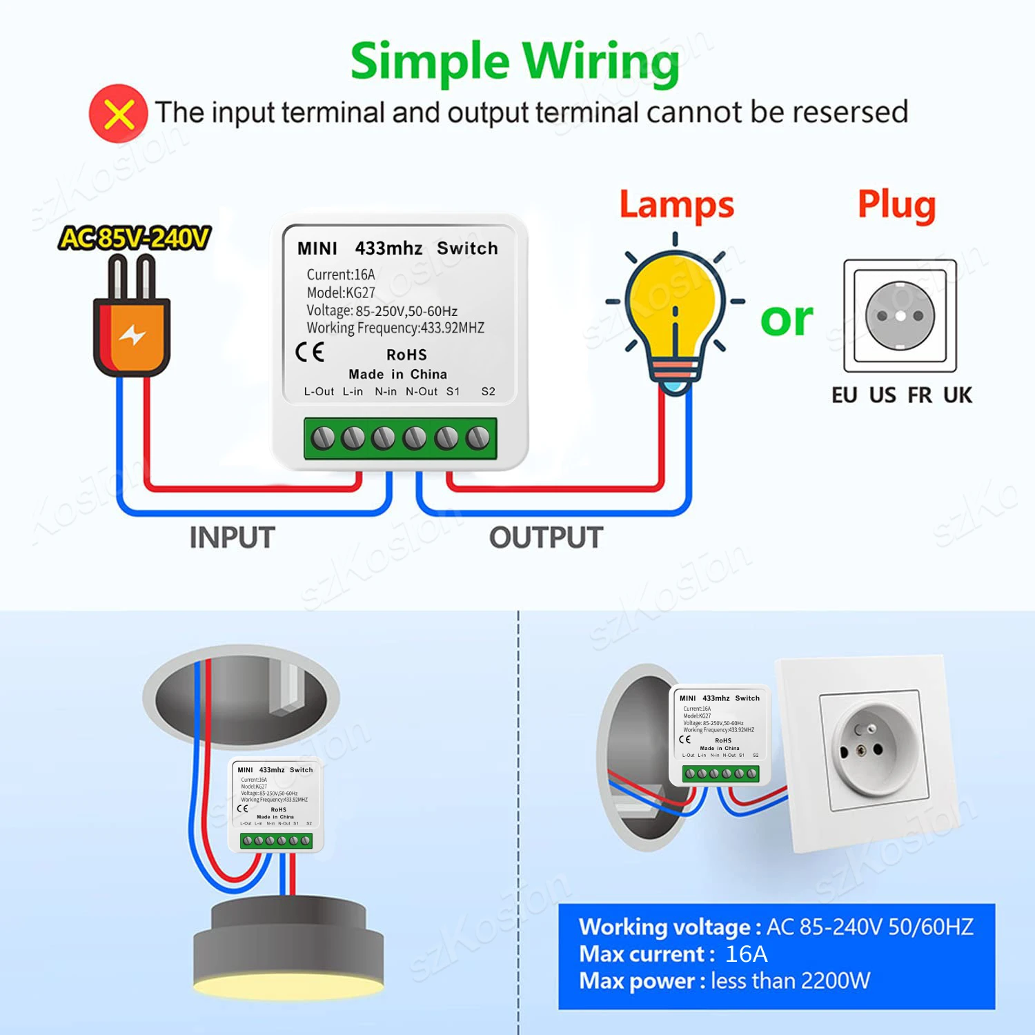 مفاتيح إضاءة صغيرة لاسلكية للتحكم عن بعد ، مفتاح ذكي DIY ، مستقبل ترحيل ، وحدة أتمتة للمنزل ، مصباح LED ، RF433 ميجا هرتز ، 16A