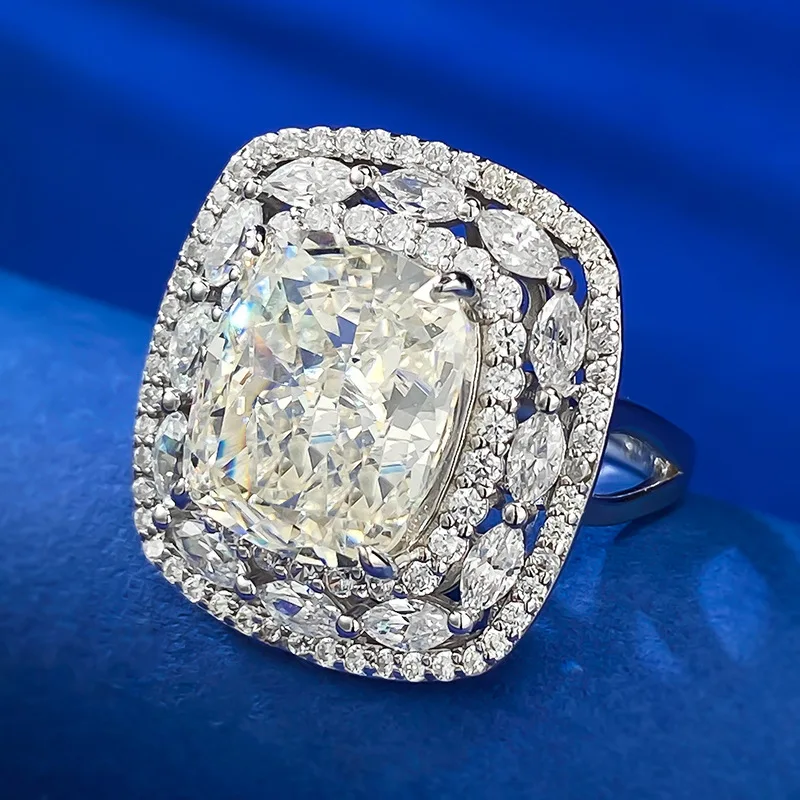 High-end Simulation Diamond Moissanite 10x12mm Wedding Ring 5 Carat S925 Sterling Silver