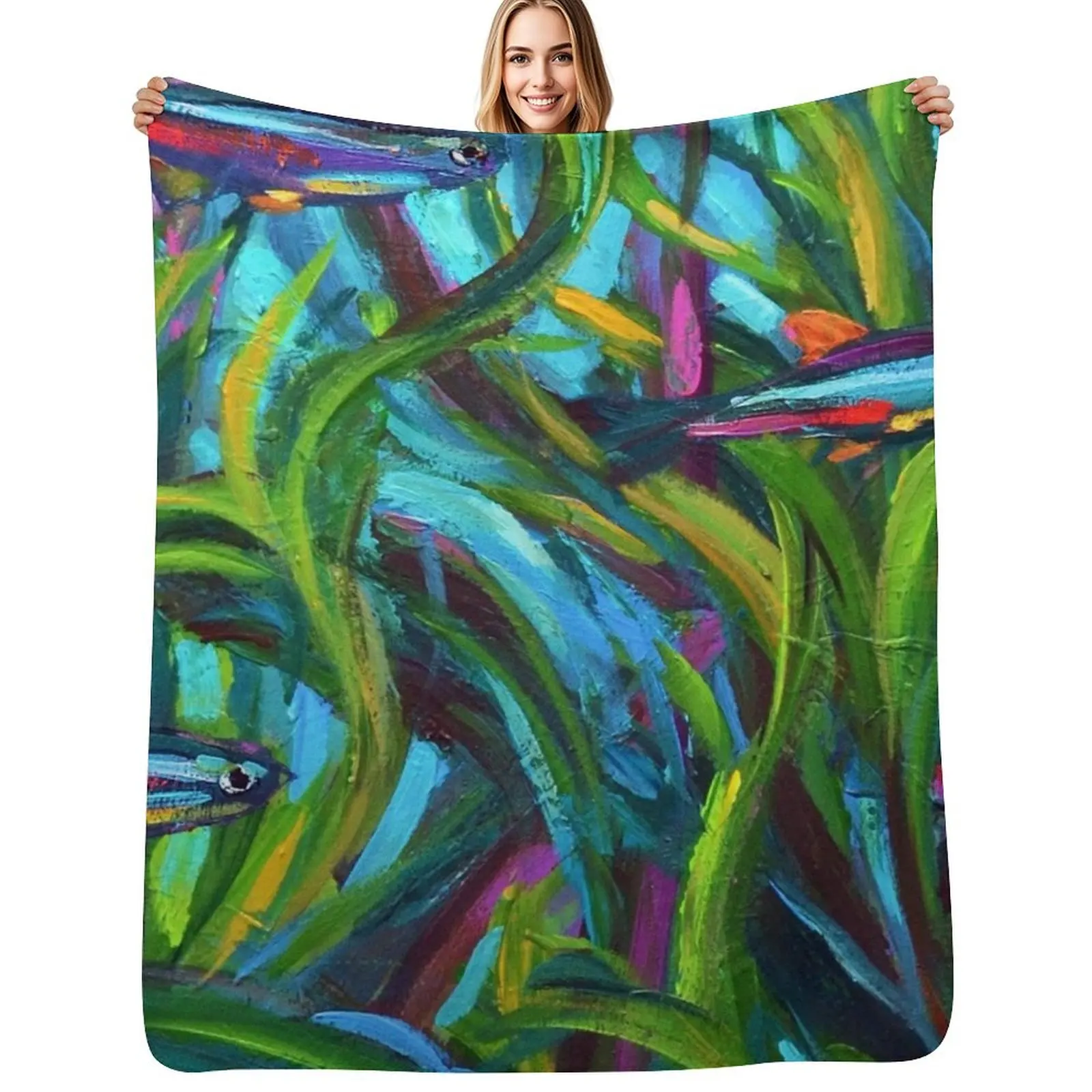 Neon Tetra Fish Art by Robert Phelps Throw Blanket Soft Warm Blanket Gift for Men Women Adults