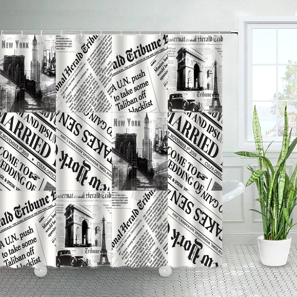 Vintage Old Newspaper Shower Curtains France Paris Tower Periodic Table Bath Curtain Retro Fabric Print Home Bathroom Decor Sets