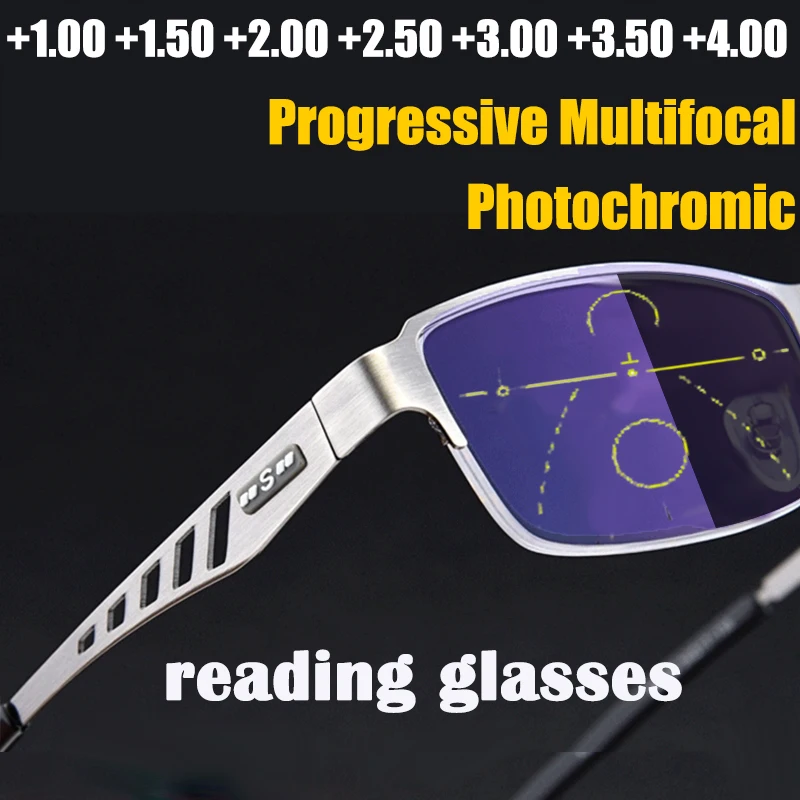 

Automatic Adjustment Photochromic Multifocal Reading Glasses Men Progressive Anti-Blue Ray Business Spectacles Half-Frame +4.0