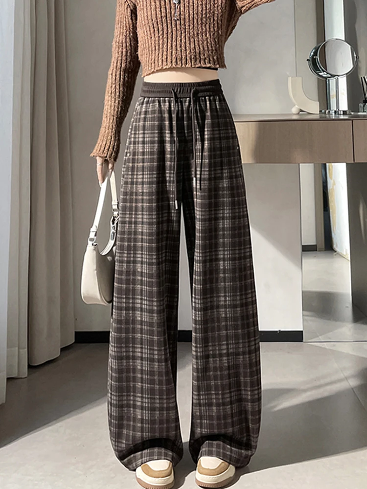 

Ретро-шерстяные брюки в клетку с широкими штанинами, женские утепленные прямые повседневные брюки, осенне-зимние новые брюки карго с высокой талией