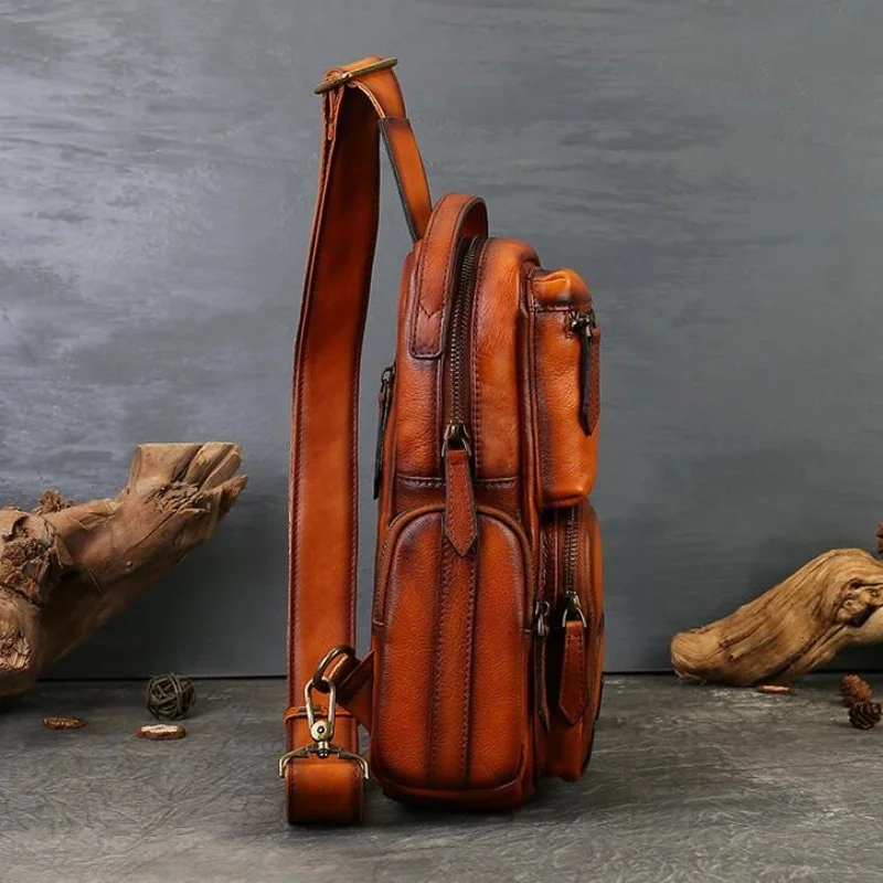 유니섹스 풀 그레인 가죽 빈티지 체스트 팩 단색 레저 여행 출퇴근 가방 기능성 소프트 슬링 백