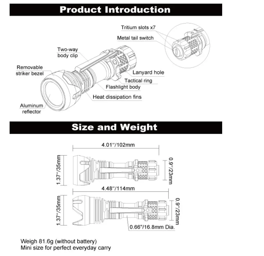 Manker Titanium Pocket Flashlight Striker Mini 635 Lumen 430 Meter AA 14500 Battery Tactical Small Torch