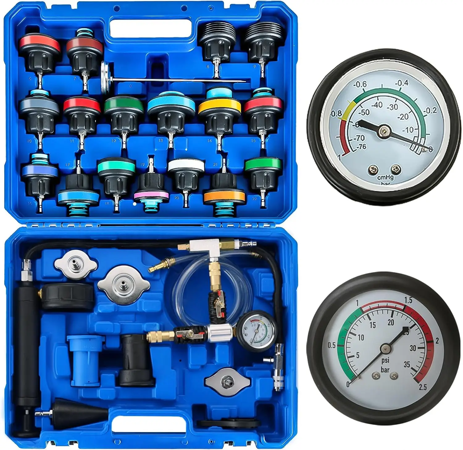 

28-Piece Universal Radiator Pressure Tester Kit for Automotive Cooling System Leak Detection and Vacuum Refill