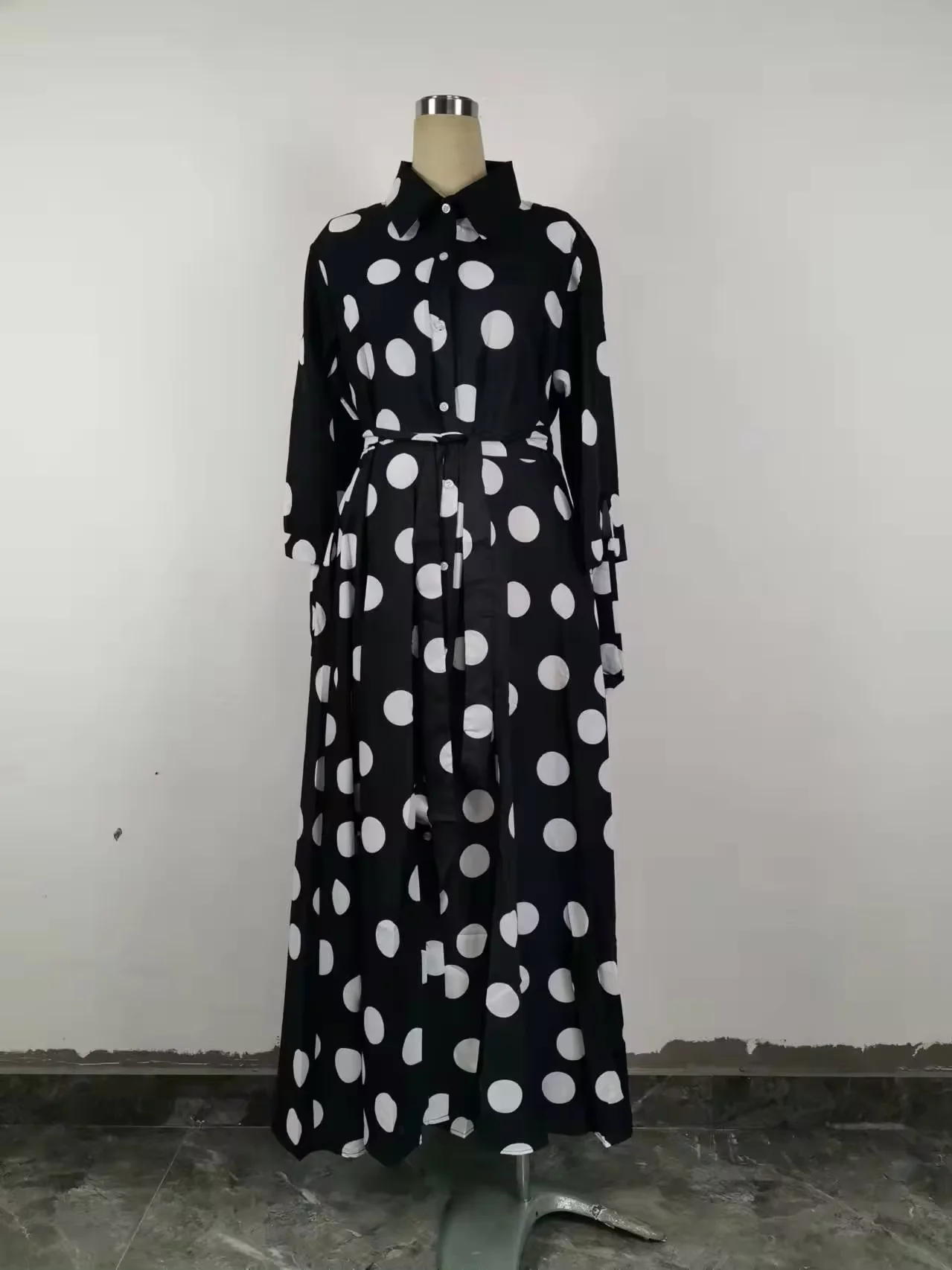 Robe chemise à manches longues pour femme, grande taille, mode printemps, ligne A, imprimé à pois, poches décontractées, robe à lacets, élégante