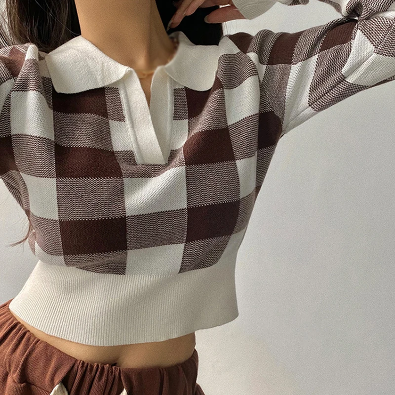 Retro Women's Knitted Tops Long Sleeves Tops Slim Casual Turndown Collar Plaid Pullovers