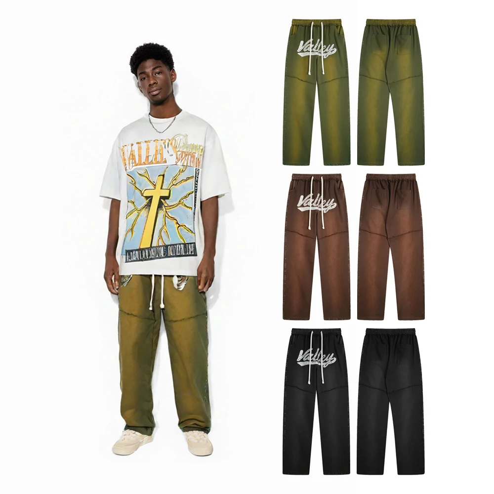 ストリートウェア ルーズパンツ ラインストーン付き メンズ服 ヒップホップ 厚手コットン ストリートスタイル カジュアル ダメージ加工 バギー スウェットパンツ