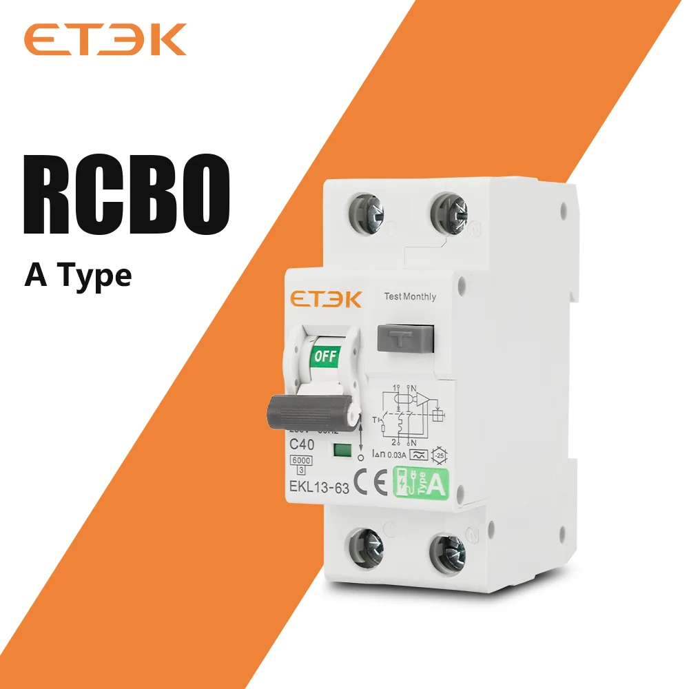 ETEK RCBO Type A 1P+N Residual Automatic Circuit Breaker With Over Current Leakage Protection 6KA  2P DPN  30mA EKL13