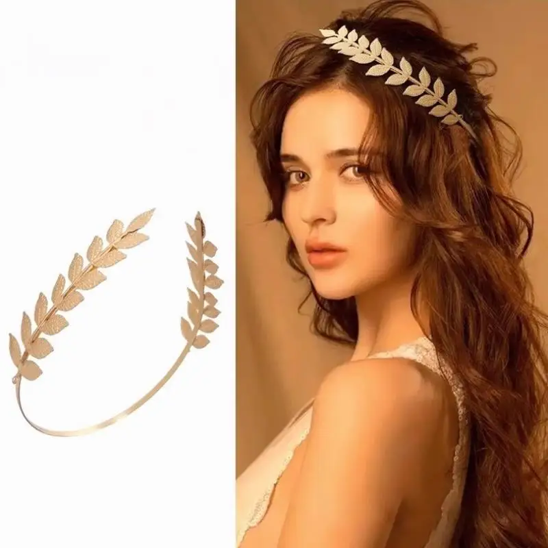 【B】Diadema con forma de hoja de color dorado, estilo retro, para la cabeza, tipo corona, tiara, adorno para el cabello, joya para la cabeza de diosa griega, accesorios para el cabello de novia.