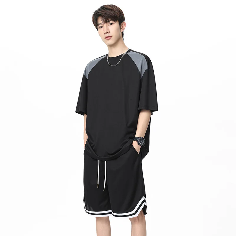 

American Street Men Ice Silk Tracksuit Contrast Raglan Sleeve T Shirt Striped Basketball Shorts Couple Loose Outfit S 3XL