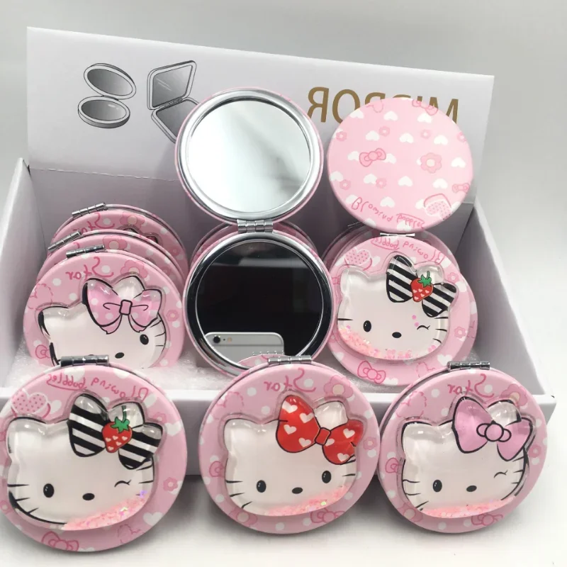 

12pcs Sanrio Kawaii Hello Kitty Mirror Student Cartoon Portable Mini Quicksand Sequin Flip Cover Folding Makeup Mirror Gift