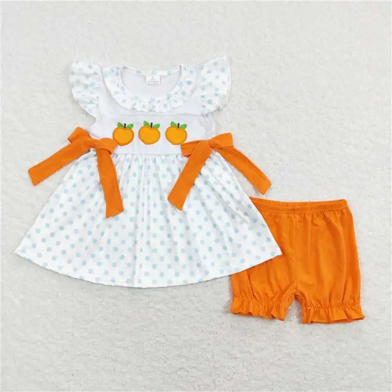 New Summer Embroidered Orange Blue Short Sleeve Orange And White Striped Shorts Suit Match Baby Boys Girls Styles RTS