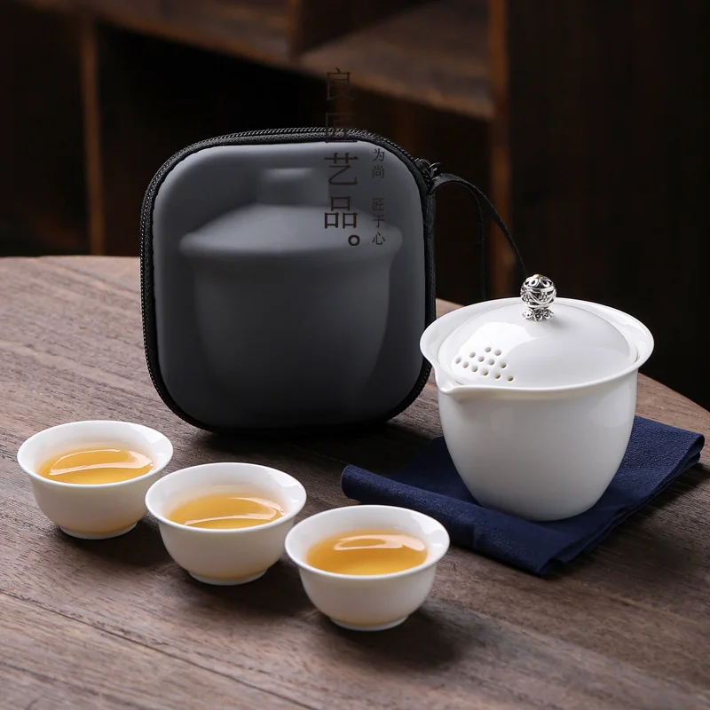 Travel Tea Set Lambswool Jade Covered Bowl One Pot Three Cups Kung Fu Tea Set Portable Brewing Tea Cup Companion Gift