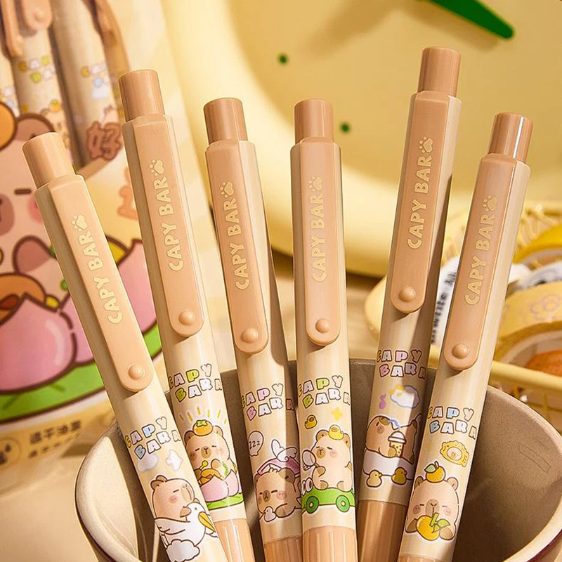 12 Buah Pena Gel Tekan Kapibara Lucu Kawaii Pena Hitam Kapasitas Besar Cepat Kering Pena Tanda Tangan Perlengkapan Kantor Sekolah