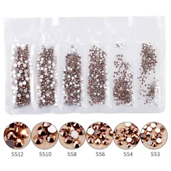 1440pcs Rose Gold Shiny Rhinestone for Nail AB Color SS3-12 Glass Crystal Diamond Flat Back 3D Nail Art Decoration Charms Set