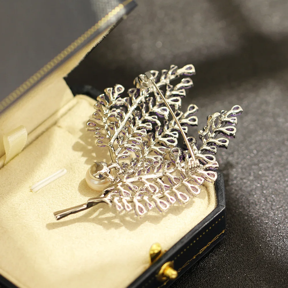 Light Luxury Purple Zircon Tree Branch Pearl Brooch Retro Plant-based Jewelry Coat Suit Decoration Accessories Pin for Women view 3