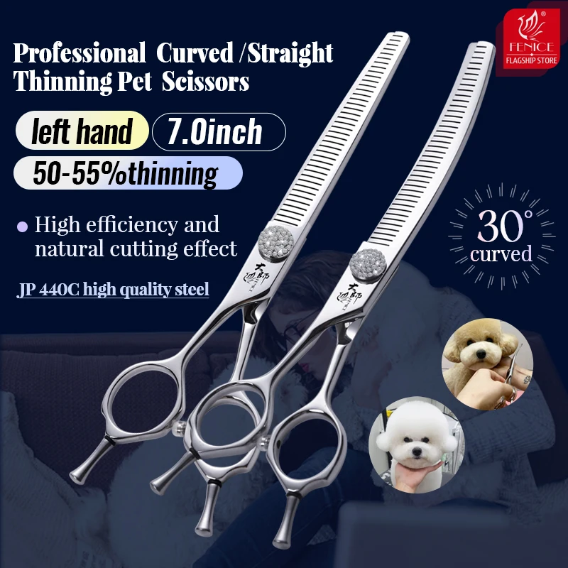 

Fenice Left Hand 7 Inch JP440C Steel Pet Hair Scissors For Dog Grooming Curved Thinner&Straight Fluffy Shears For Dogs Grooming