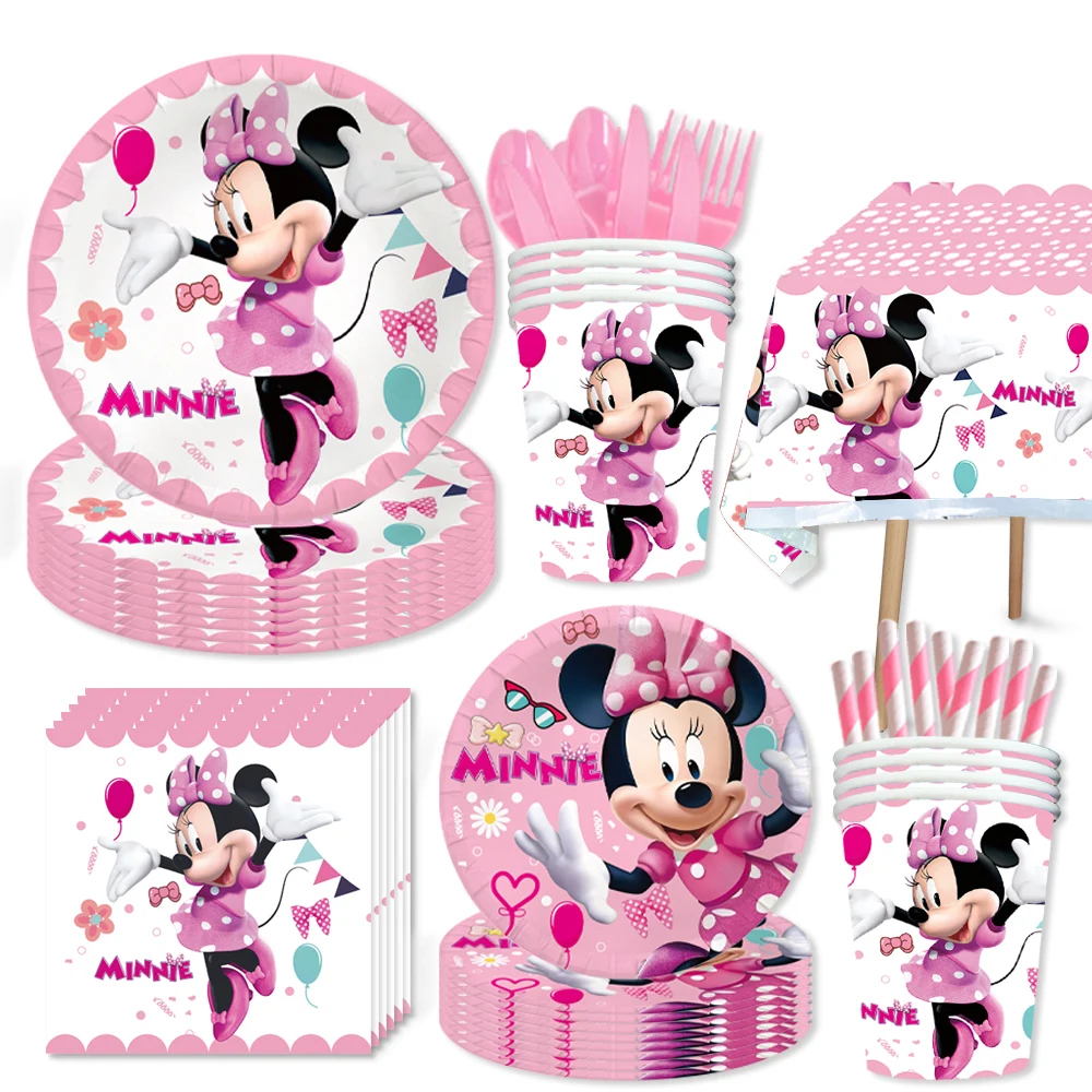 Decoraciones de fiesta de Minnie Mouse, plato de papel de Minnie, juego de vajilla, pancarta, globos, decoración, suministros de fiesta para niña