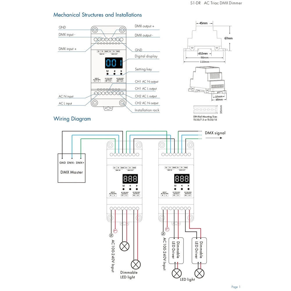 

For Led to Dimmer 2CHx1.5A AC Phase-Cut for Dimmer DIN Rail 2CH Output DMX512 LED Dimmer Controller