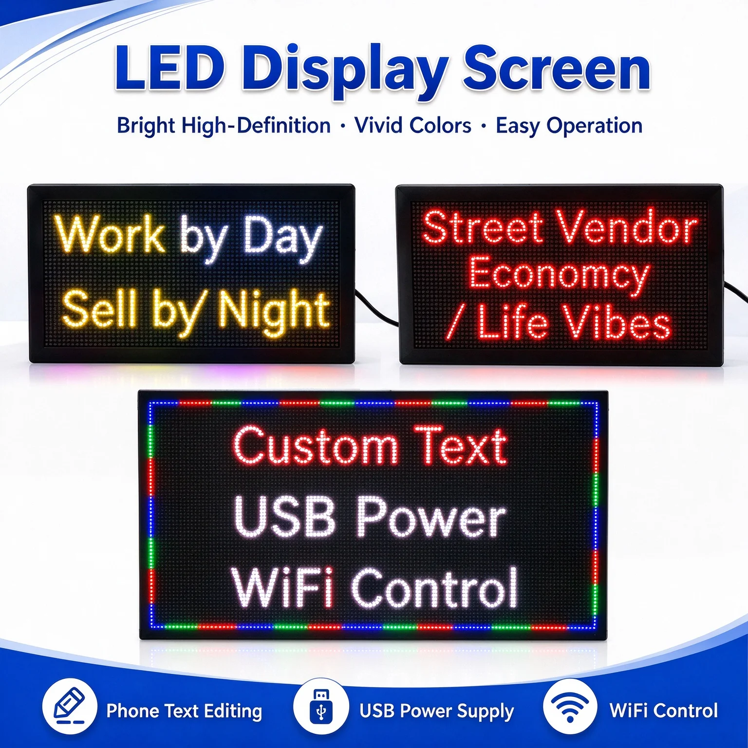 LED Display Full Color Indoor Scrolling Message Advertising Sign USB Powered Phone WiFi Programmable APP Panel