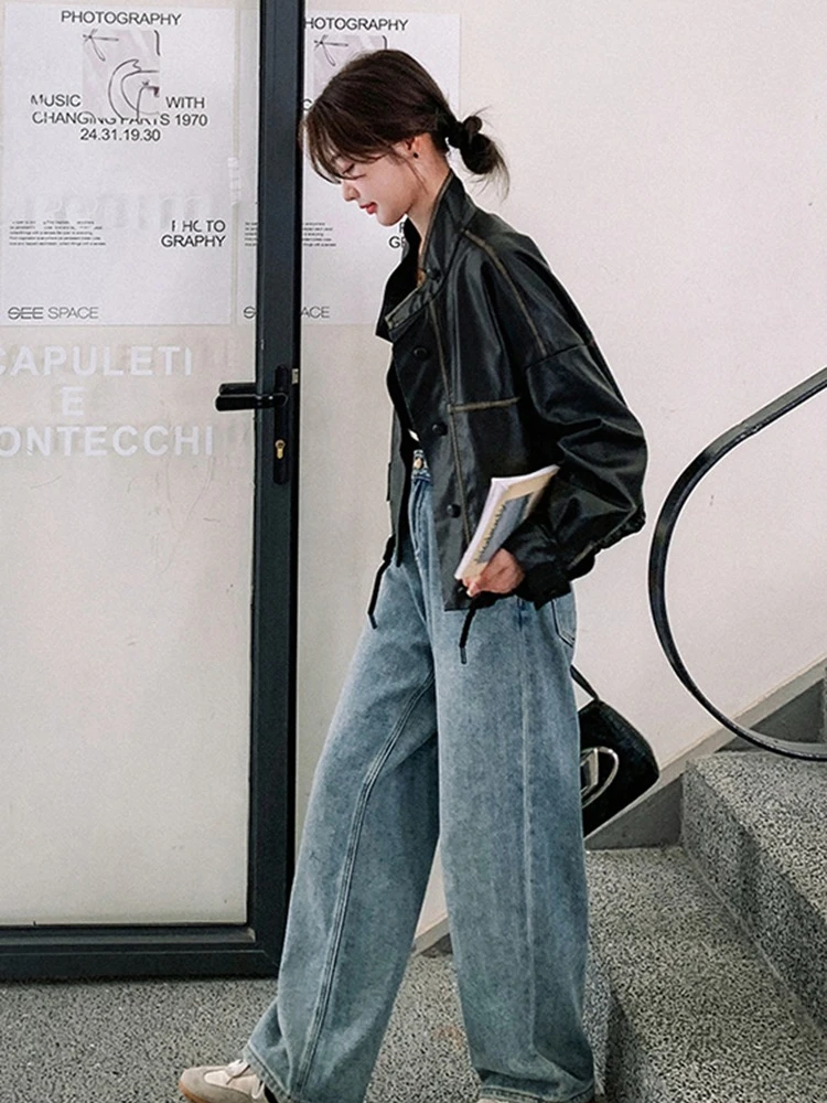 2025 Spring and Autumn new style women leather jacket American style retro brown stand up collar short leather jacket