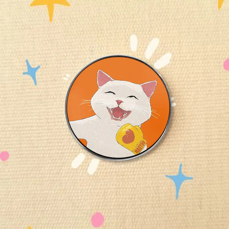 Happy White Cat Laughing With Yellow Boxing Glove UV Printing Pin Joyful Animal Brooch Bag Lapel Badge Fashion Jewelry Gifts