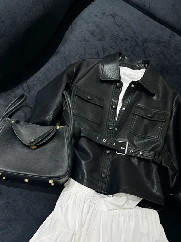 

Button ket Design Long Sve Leather Jaet Women's Faion Spring 2025 Unique Korean Sle Versatile Ele Top