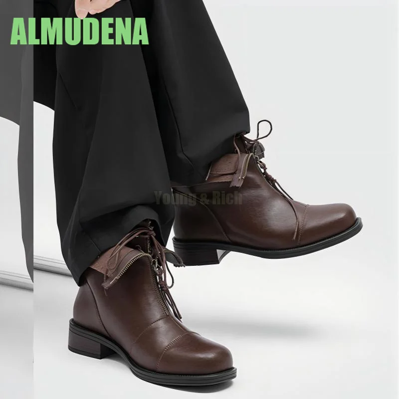 

Front Lace Up Leather Patchwork Short Boots,Trendy Men's Front Zipper Round Toe Square Heel Height Increasing Casual Short Boots