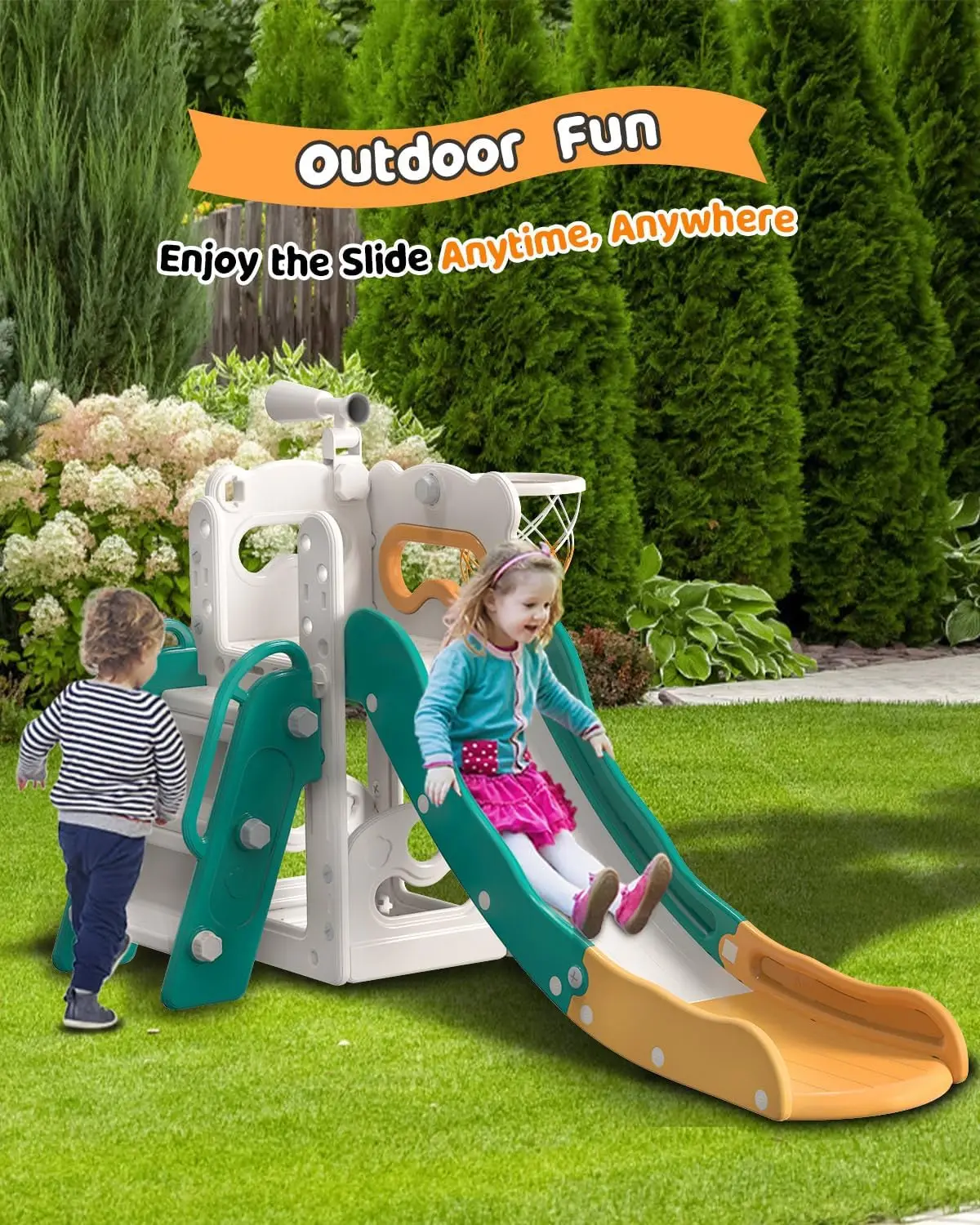 6 in 1 Kids Indoor Slide for Toddlers 1-3, Baby Slide for Indoor Outdoor with Basketball Hoop and Telescope, L Sh