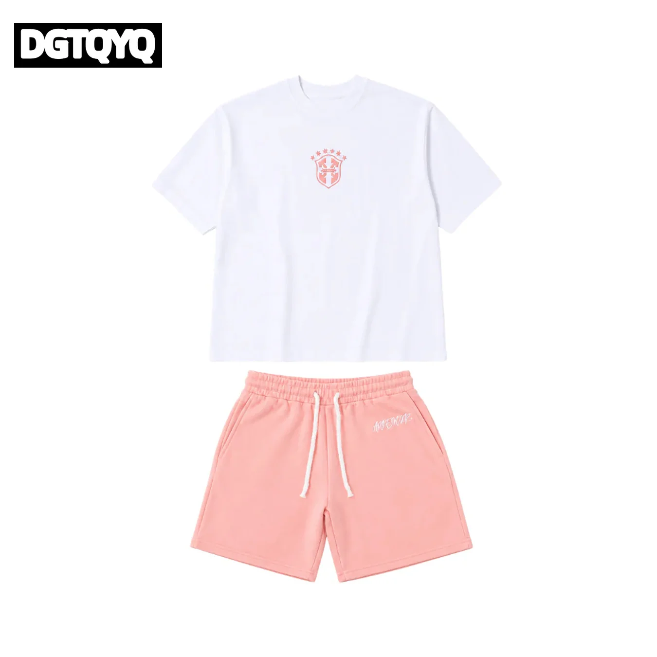 Man's Summer New Pink Embroidered Casual Shorts Straight Through Loose Shorts Printed Round Neck T-shirt Set for Women view 3