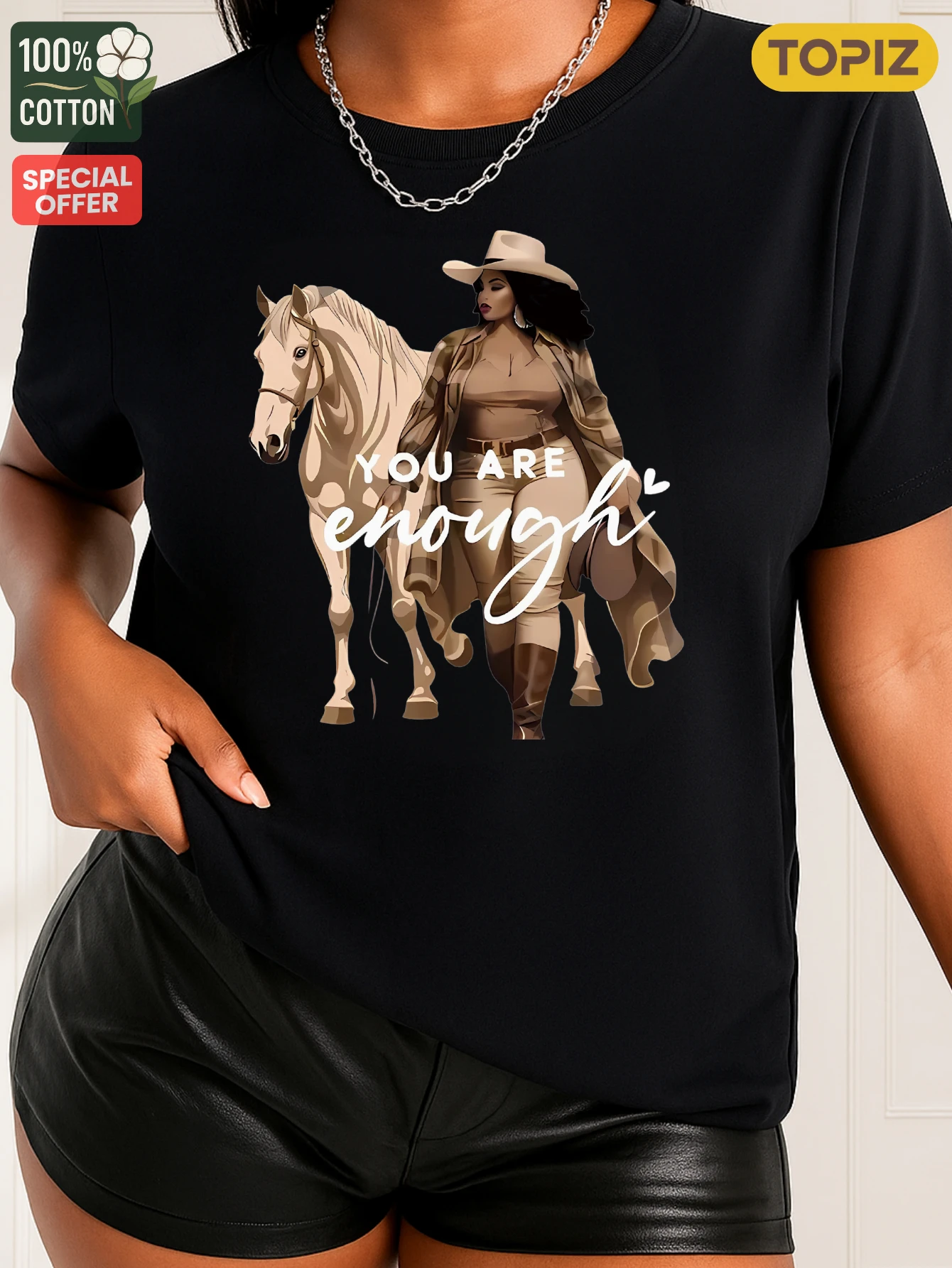 [Plus Size] Women's T-Shirt, Crew Neck Short Sleeve Casual Top,Woman With Horse You Are Enough, Ladies T Shirts, Festive Wear