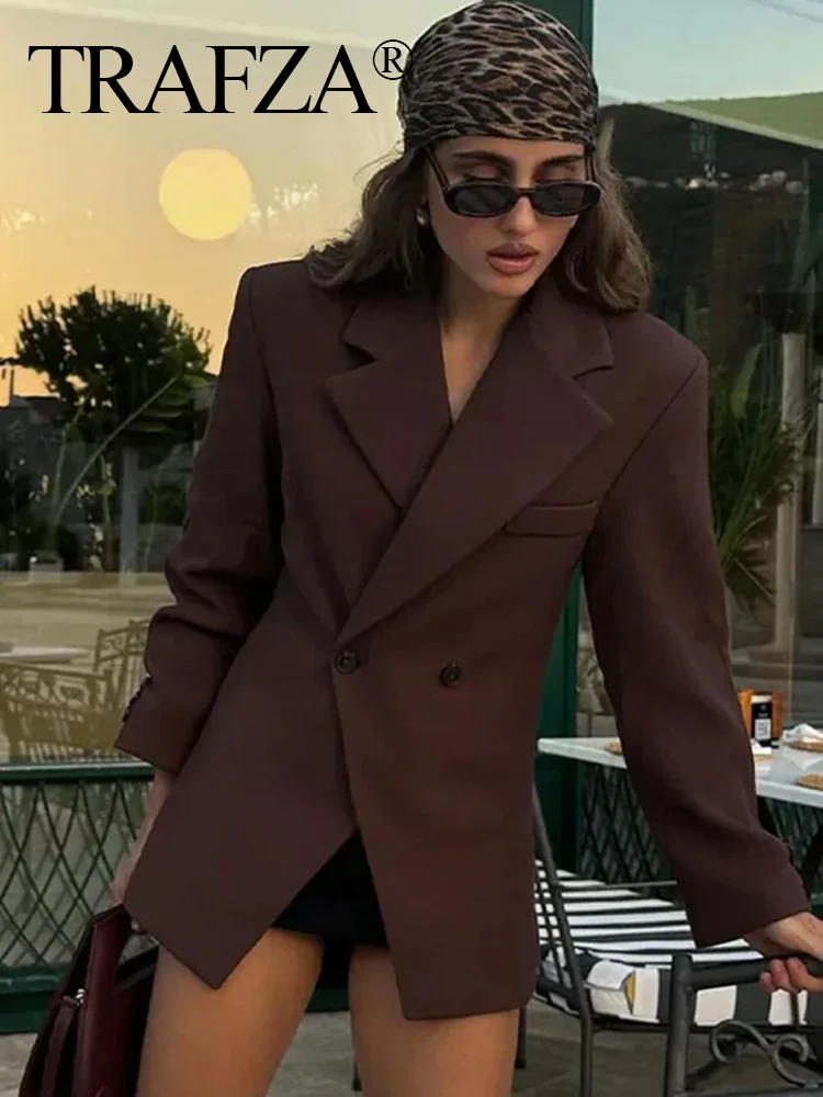 TRAFZA Woman Casual Lapel With Pocket Office Blazer 2024 Fashion Female Cuff Buttons Long Sleeve Jacket High Streetwear