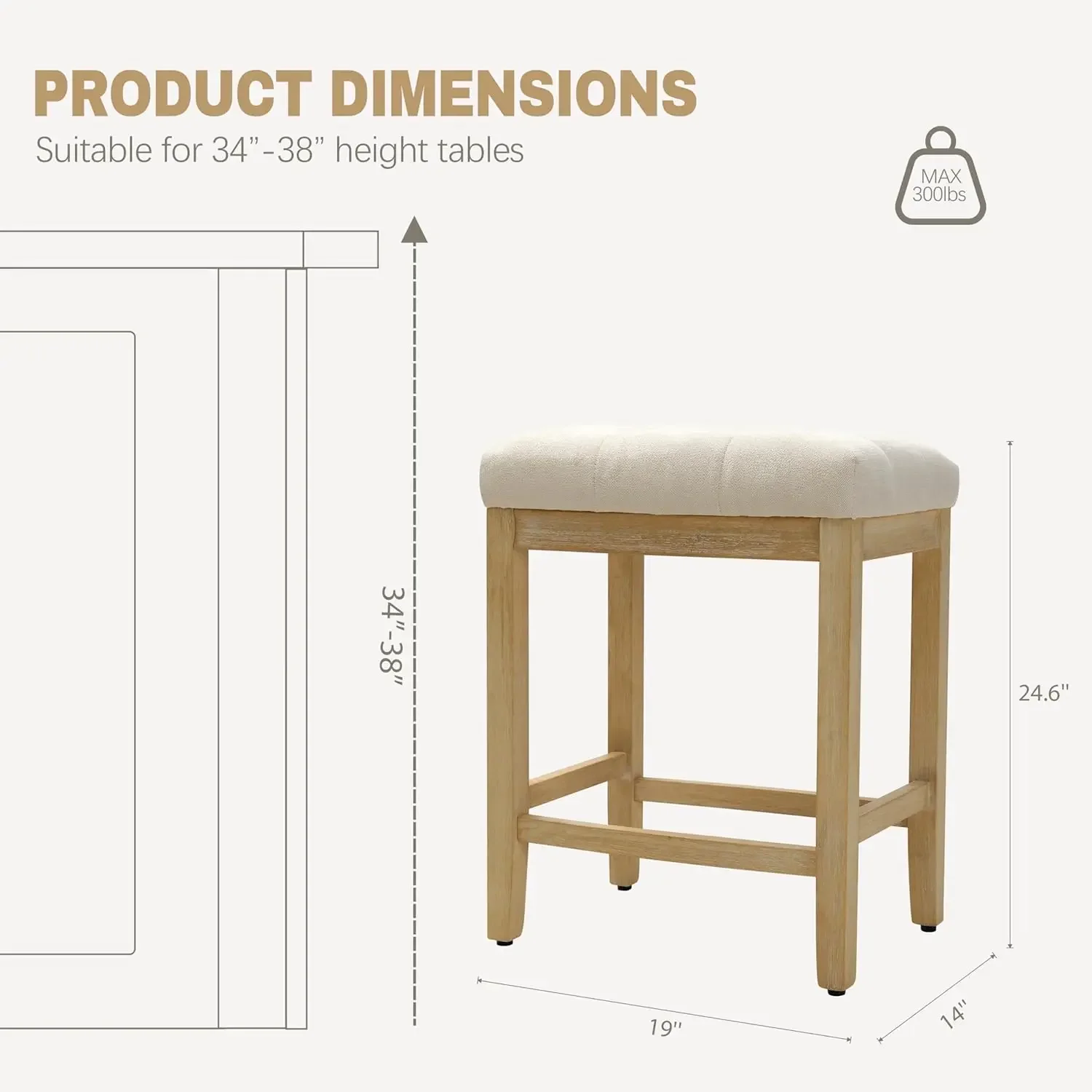 Juego de 4 taburetes de cocina, taburetes de bar sin respaldo estilo granja con asiento de tela, diseño moderno