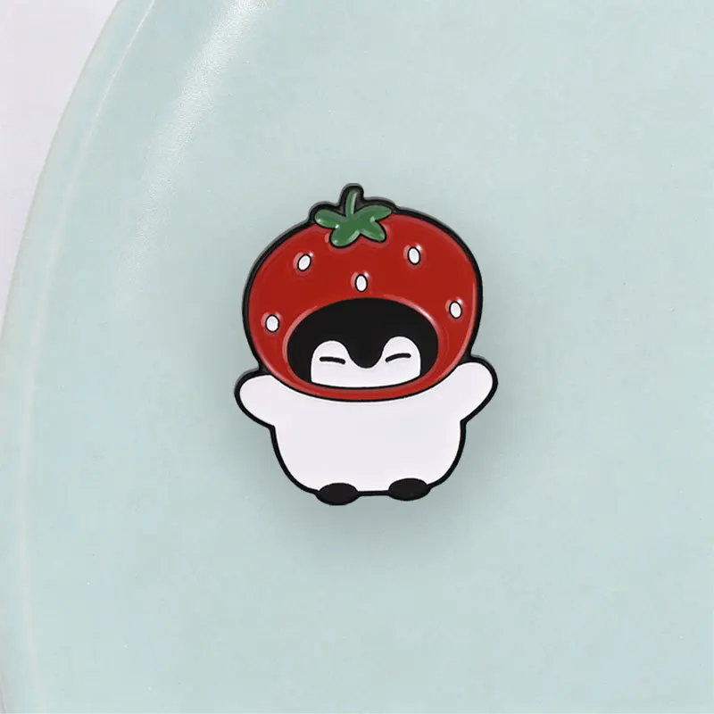 Cartoon strawberry headband little penguin metal brooch cute animal badge backpack clothing decoration pin