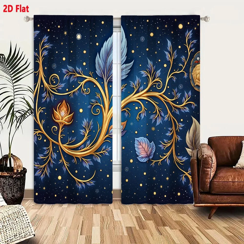 2Pcs Curtains 2D Flat Fantasy Gold Branch With Pale Blue Leaves And Amber Bud On Deep Blue Starry Background Featuring Lion Embl