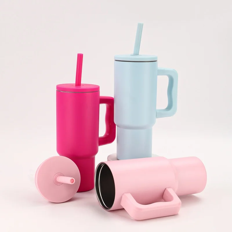 Trend Simple Stainless Steel Thermos Cup Solid Color Large Capacity Car Beer Bingba Cup and Straw Large Handle Water Cup
