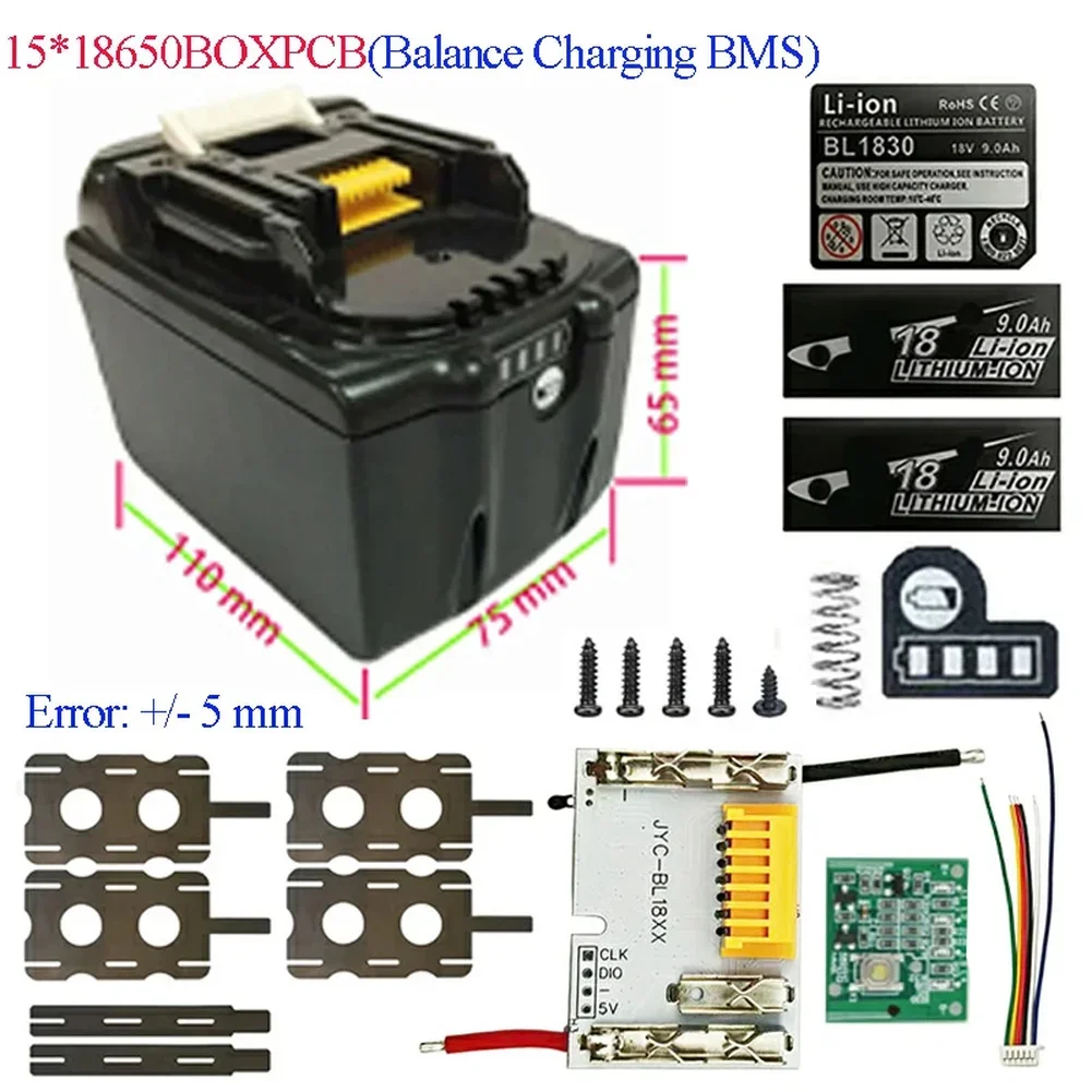 BL1890B And BL1815 18V Li-ion Battery Case 15-cell 18650-BSM Balance Charging Circuit Board With LED Button Label For Power Tool