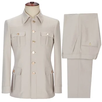 2 parça erkek Slim Fit ile 4 gerçek cep tek göğüslü takım elbise resmi takım elbiseler Wedding düğün uyarlanmış Fit (Blazer + pantolon)