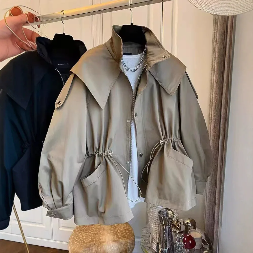 Women's High Collar Zipper Jacket Loose Fit Drawstring Splicing Solid Color Trendy Street Autumn 2026
