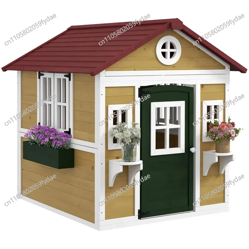 Outdoor Kids Playhouse, Wooden Playhouse with Door, Window, Flower Pots and Boxes, Backyard Hut Playhouse
