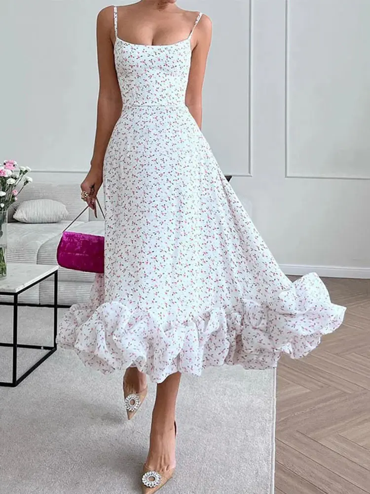 

Printed Ruffles Suspended Dress Women Fashion Sleeveless Backless Flower A-line Dresses 2023 Summer Female Elegant Robes