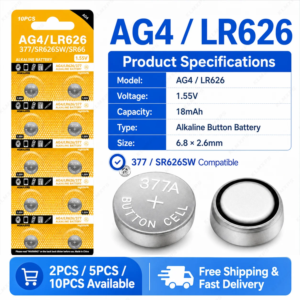 

626A 377A CX66W AG4 LR626 1.55V Alkaline Coin Battery SR626 177 Long Lasting Button Cell for Clock Toy Car Key Watch